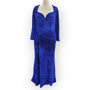 NWT Sapphire Blue Fitted Long Sleeve Sequin Gown with Leg Slit and Corset Back